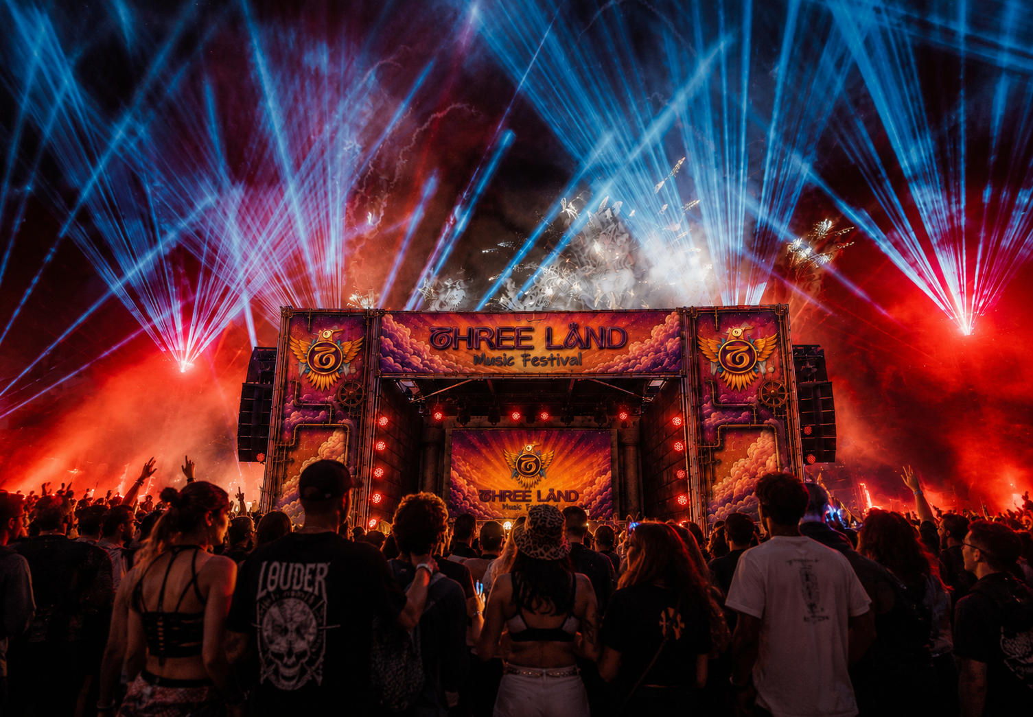 Threeländ Mainstage bei Nacht mit Pyro und Lasershow